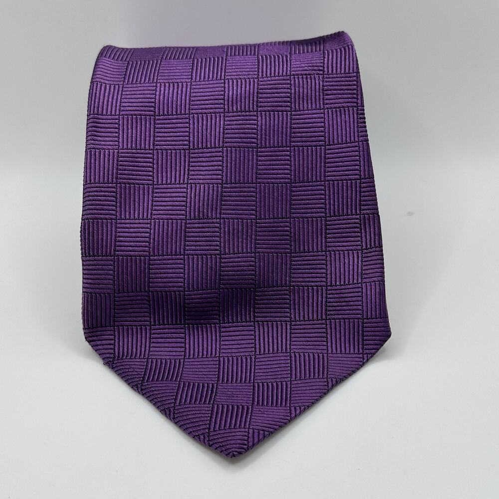 Tommy Hilfiger Purple Geometric Silk Tie Checkerboard Textured Necktie 57"& 4"
